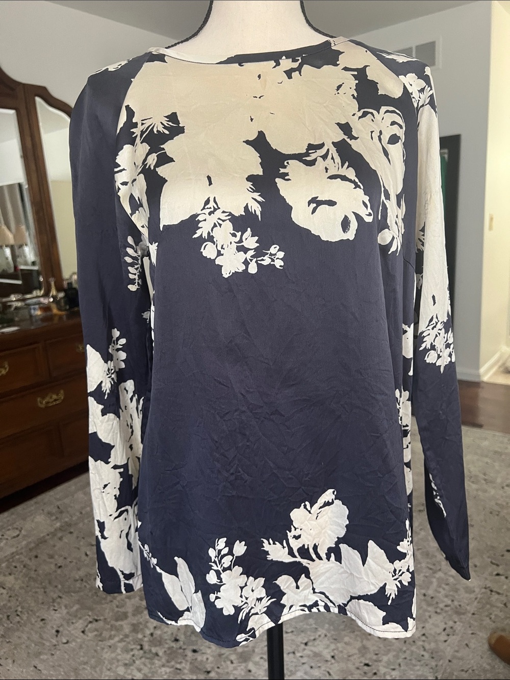 Navy and Cream Floral Long-Sleeve Women’s Top